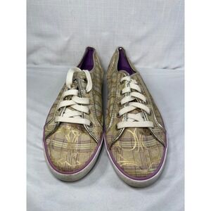 Coach Dee Plaid Gold Signature C Logo Sneakers Silver Purple Trim Womens 9B